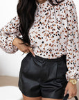White Leopard Print Lantern Sleeve Mock Neck Pleated Blouse