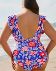 Blue Floral Print Ruffled V Neck High Waist One Piece Swimwear - Toi ‘n’ Moi Ltd