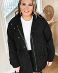 Black Plus Size Button Zipped Corduroy Jacket - Toi ‘n’ Moi Ltd