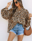 Light French Beige Oversized Leopard Print Balloon Sleeve Casual Shirt