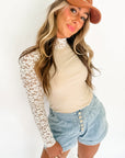 Beige Floral Lace Patchwork Long Sleeve High Neck Slim Top - Toi ‘n’ Moi Ltd