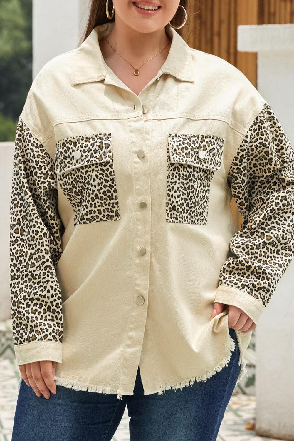 Apricot Plus Size Leopard Sleeve Raw Hem Denim Jacket - Toi ‘n’ Moi Ltd