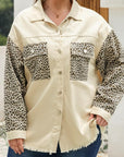 Apricot Plus Size Leopard Sleeve Raw Hem Denim Jacket - Toi ‘n’ Moi Ltd