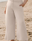 Beige Smocked High Waist Wide Leg Plus Size Pants - Toi ‘n’ Moi Ltd