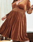 Camel Surplice V Neck Balloon Sleeve Velvet Dress - Toi ‘n’ Moi Ltd