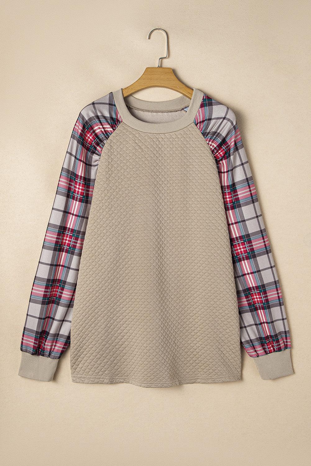 Apricot Plus Size Plaid Raglan Sleeve Crew Neck Sweatshirt - Toi ‘n’ Moi Ltd