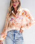 White Floral Print Collared Balloon Sleeve Loose Shirt