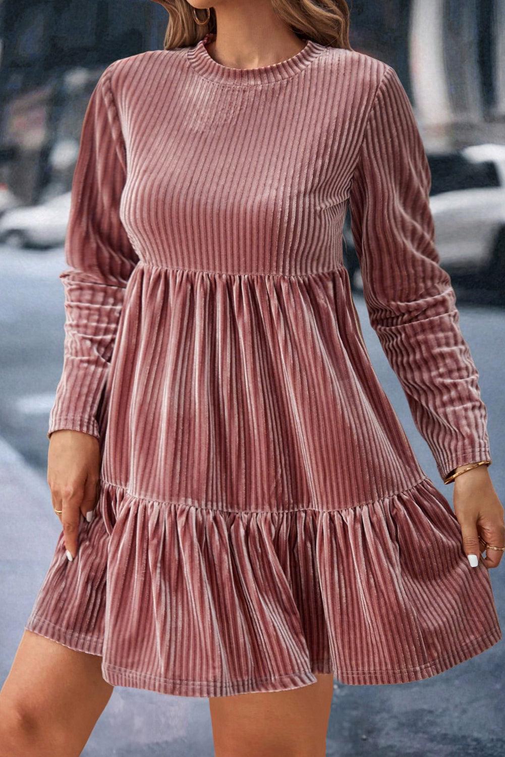 Apricot Pink Plus Size Velvet Ribbed Knit Tiered Ruffled Mini Dress - Toi ‘n’ Moi Ltd