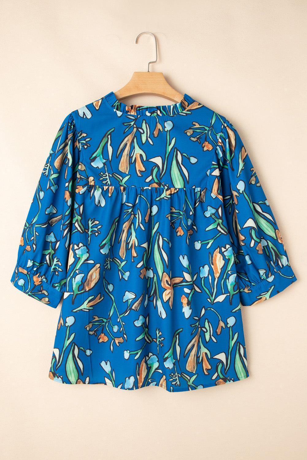 Blue Floral Notched V Neck Half Sleeve Plus Size Blouse - Toi ‘n’ Moi Ltd