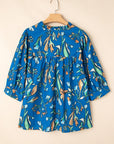 Blue Floral Notched V Neck Half Sleeve Plus Size Blouse - Toi ‘n’ Moi Ltd