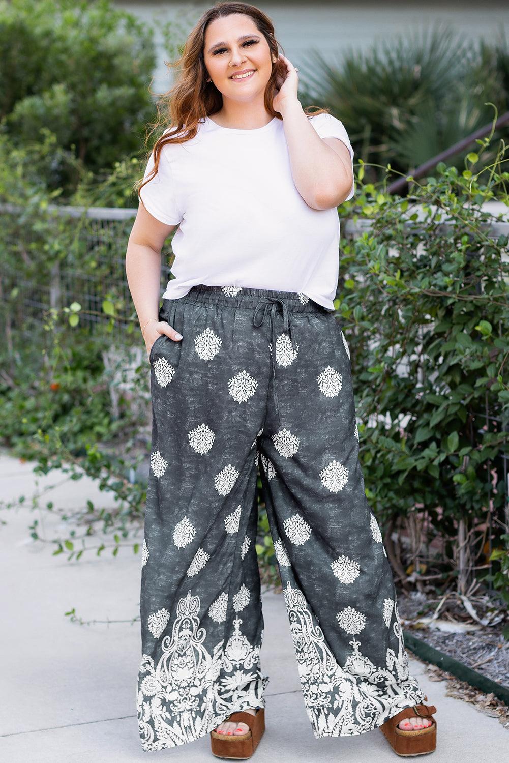Black Plus Size Geometric Ethnic Print Drawstring Wide Leg Pants - Toi ‘n’ Moi Ltd