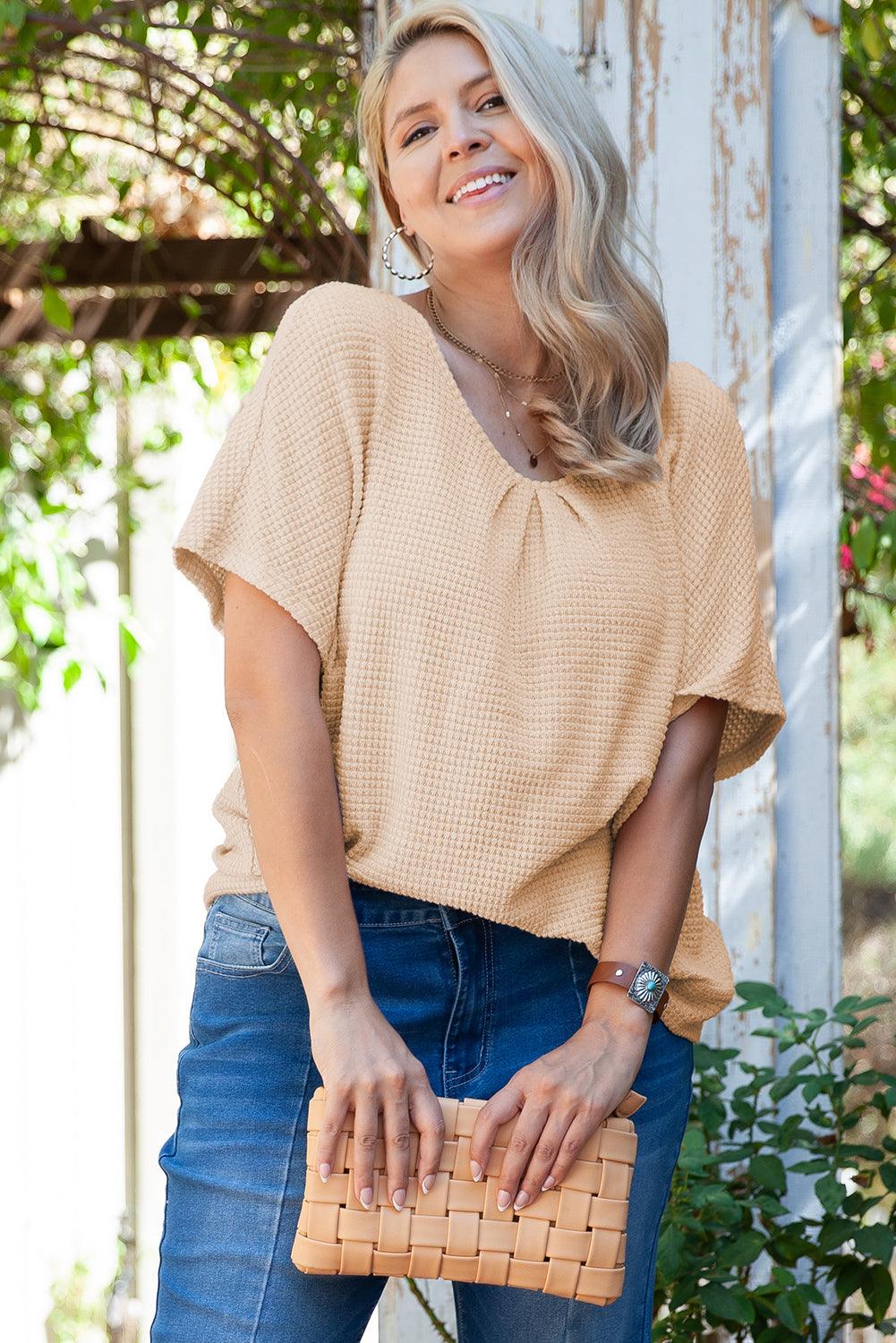 Beige Guipure Lace Insert Textured Plus Size Tee - Toi ‘n’ Moi Ltd