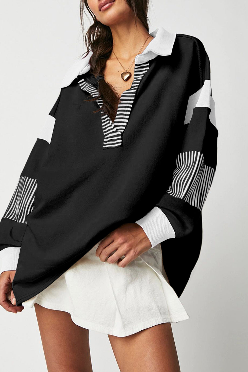Black Striped Colorblock Patchwork Collar Sweatshirt - Toi ‘n’ Moi Ltd