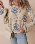 Beige Contrast Flower Print Eyelet Drop Shoulder Sweater - Toi ‘n’ Moi Ltd