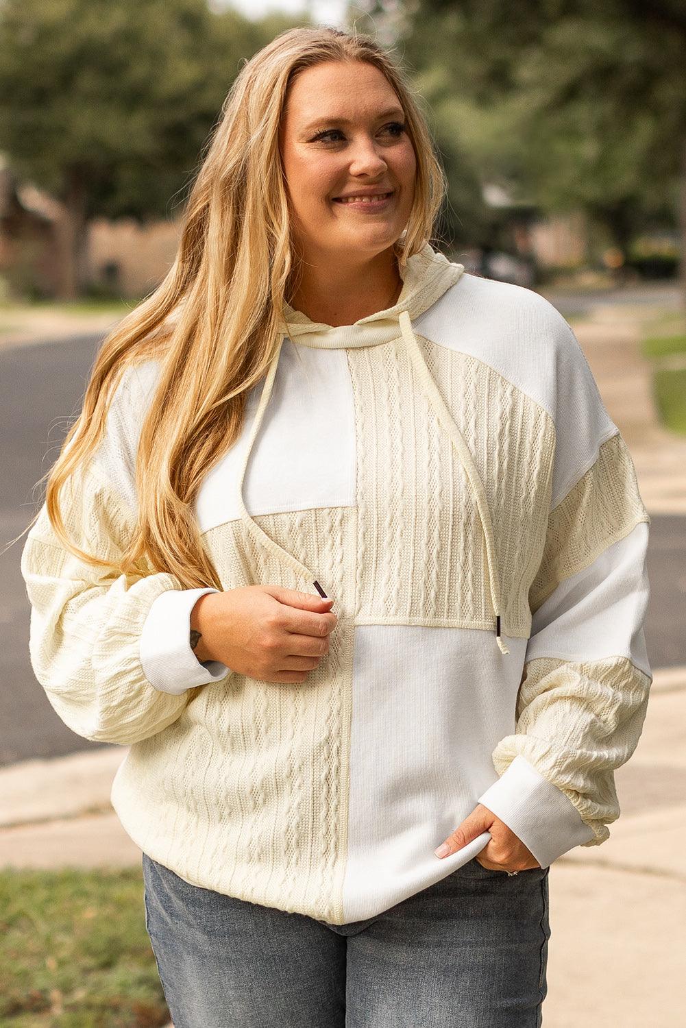 Beige Textured Patchwork Exposed Seam Plus Size Hoodie - Toi ‘n’ Moi Ltd