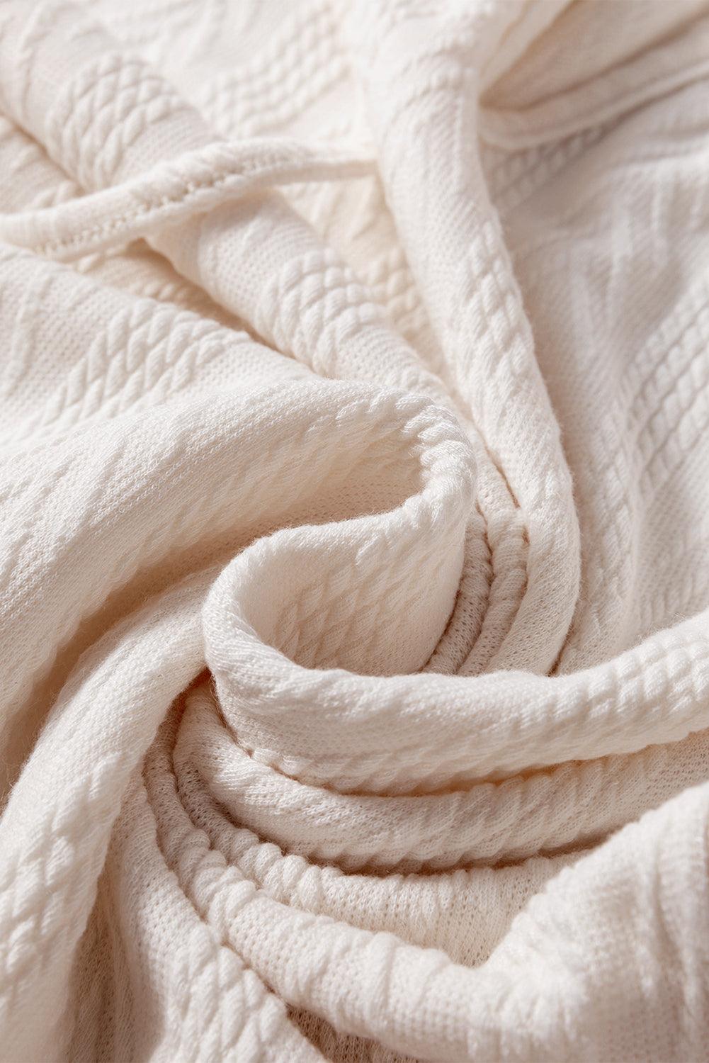 Beige Floral Patchwork Textured Knit Drawstring V Neck Blouse - Toi ‘n’ Moi Ltd