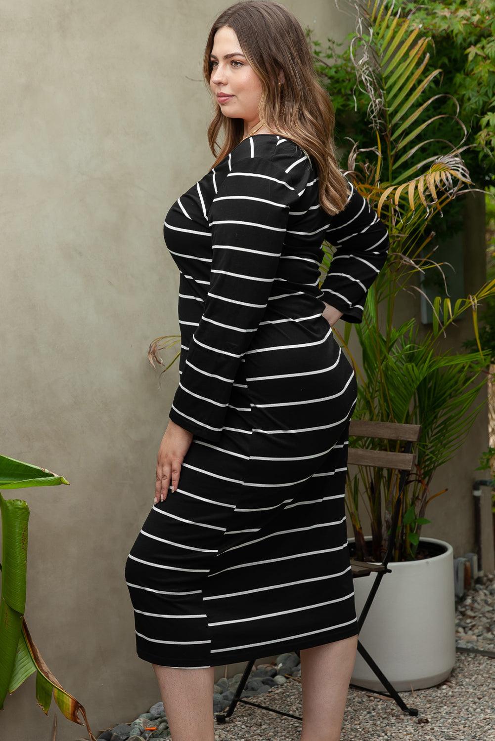 Black Plus Size Striped Loose Long Shift Dress - Toi ‘n’ Moi Ltd