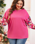Bright Pink Floral Patchwork Flounce Sleeve Rib Knit Plus Top - Toi ‘n’ Moi Ltd