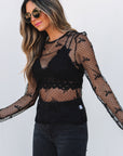 Black Bow Pattern Accent Mesh Long Sleeve Top - Toi ‘n’ Moi Ltd