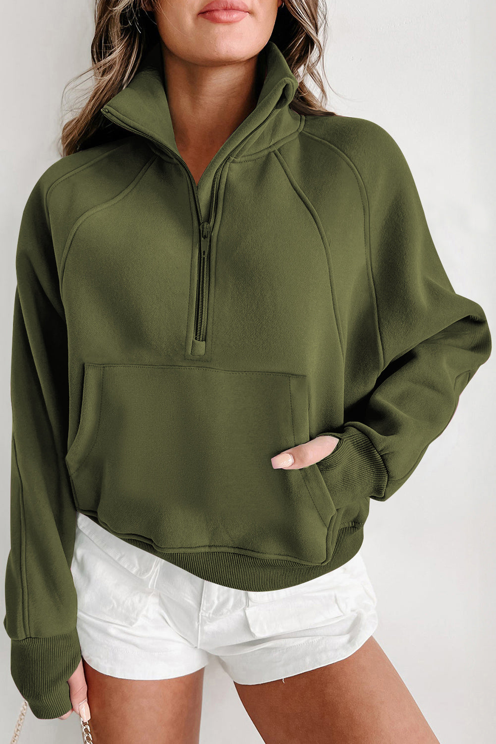 Sweat-shirt zippé à col montant et manches à trou pour le pouce avec doublure en polaire verte