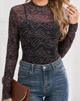 Black Letter Print Mock Neck Long Sleeve Mesh Top - Toi ‘n’ Moi Ltd
