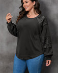 Black Plus Size Sequin Patchwork Crew Neck Long Sleeve Top - Toi ‘n’ Moi Ltd
