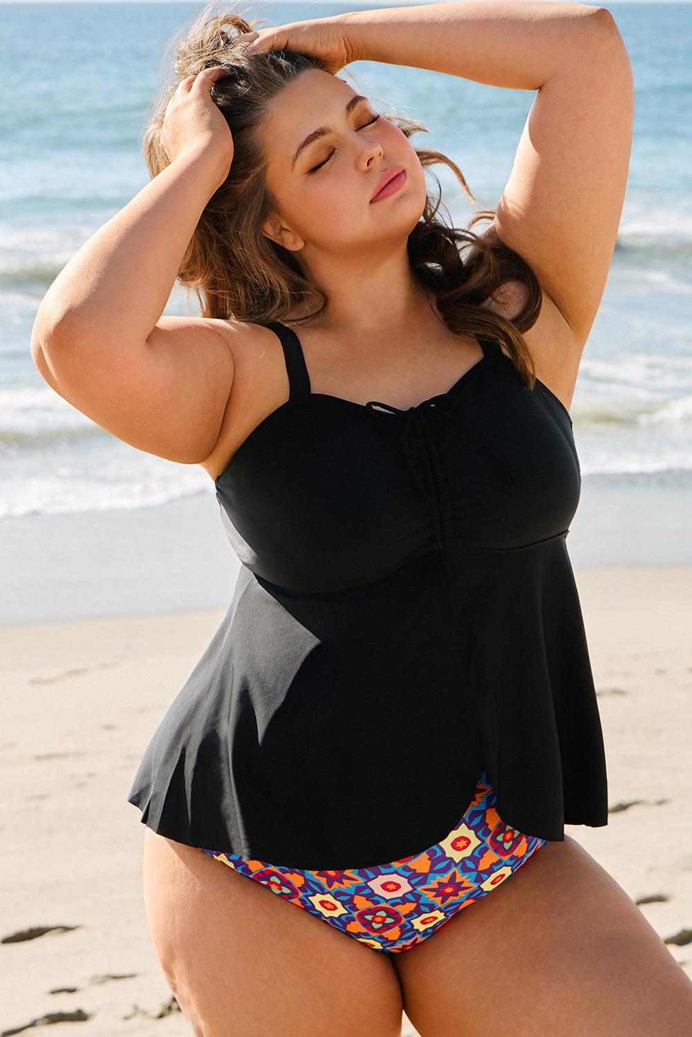 Black Drawstring Tied Front Flared Top Geometric Print Bottom Plus Size Tankinis - Toi ‘n’ Moi Ltd