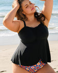 Black Drawstring Tied Front Flared Top Geometric Print Bottom Plus Size Tankinis - Toi ‘n’ Moi Ltd