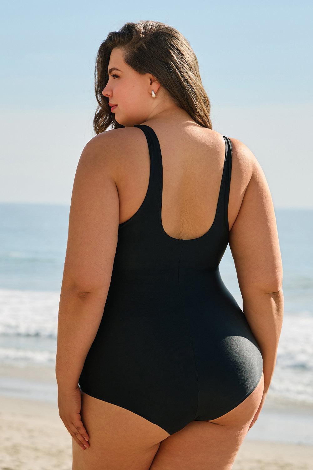 Black Solid Color U Neck Padded Plus Size One Piece Swimsuit - Toi ‘n’ Moi Ltd