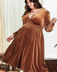 Camel Surplice V Neck Balloon Sleeve Velvet Dress - Toi ‘n’ Moi Ltd
