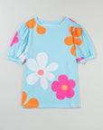 T-shirt à manches bouffantes et imprimé fleuri bleu ciel