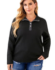 Black Plus Size Quilted Button Up Henley Sweatshirt - Toi ‘n’ Moi Ltd