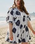 Black Plus Size Floral 3/4 Puff Sleeve Lace-up Neck Mini Dress - Toi ‘n’ Moi Ltd
