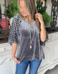Medium Grey Leopard Splicing Lantern Sleeve Velvet Blouse