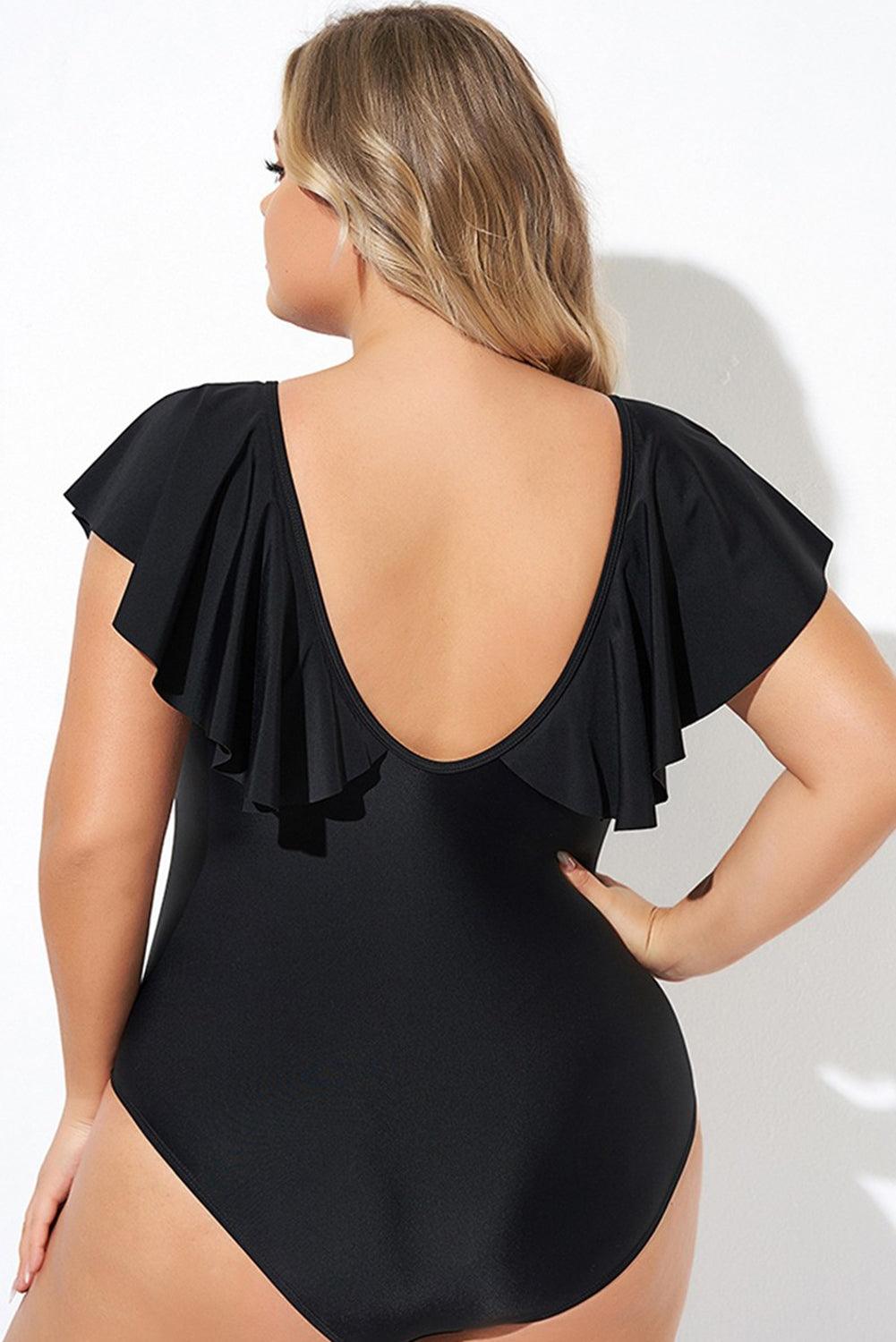 Black Ruffled Sleeve Lace-up V Neck Plus Size One Piece Swimsuit - Toi ‘n’ Moi Ltd