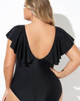 Black Ruffled Sleeve Lace-up V Neck Plus Size One Piece Swimsuit - Toi ‘n’ Moi Ltd