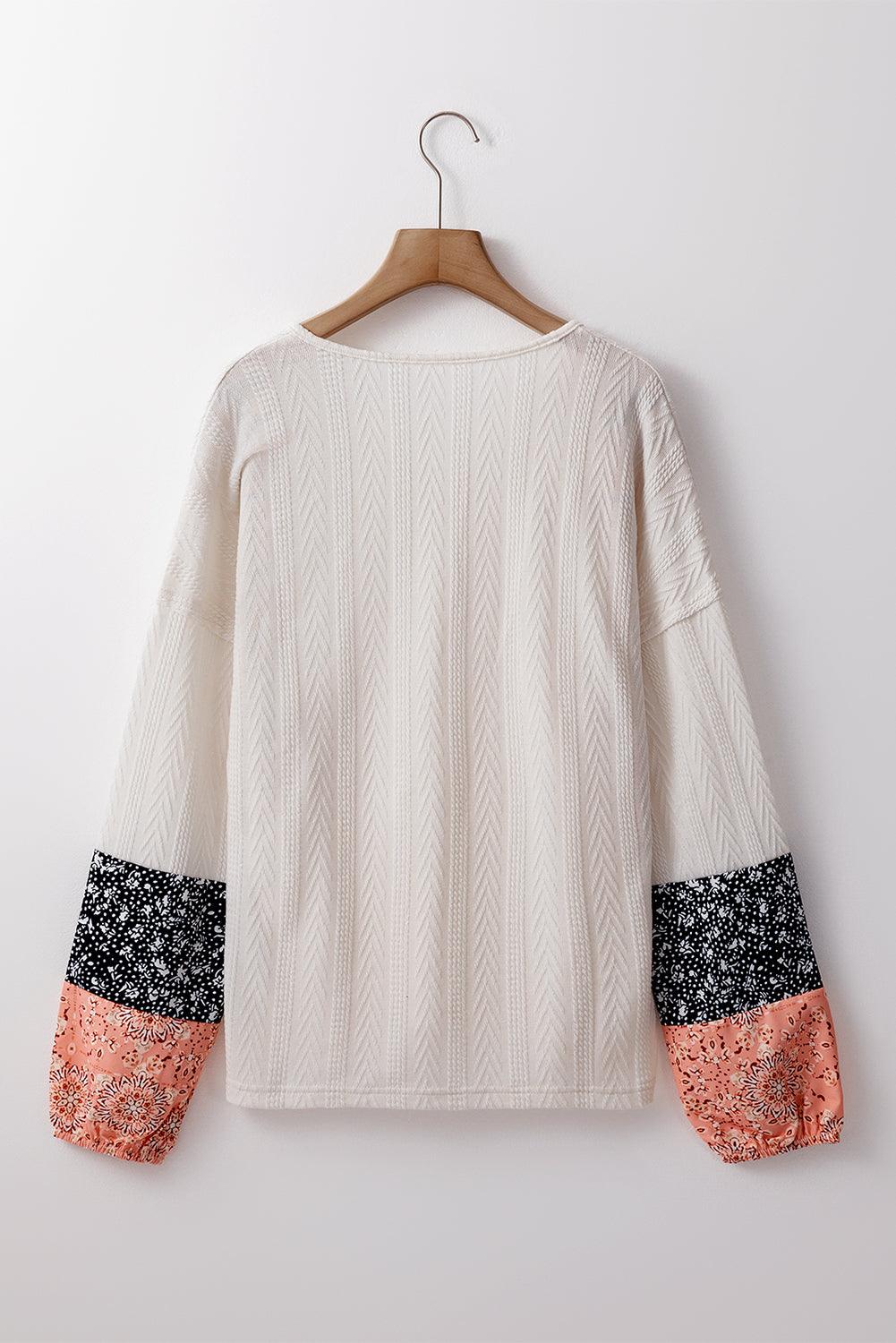 Beige Floral Patchwork Textured Knit Drawstring V Neck Blouse - Toi ‘n’ Moi Ltd