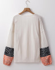 Beige Floral Patchwork Textured Knit Drawstring V Neck Blouse - Toi ‘n’ Moi Ltd