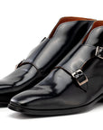 Paul Parkman Double Monkstrap Ankle Boots Black Polished Leather (ID