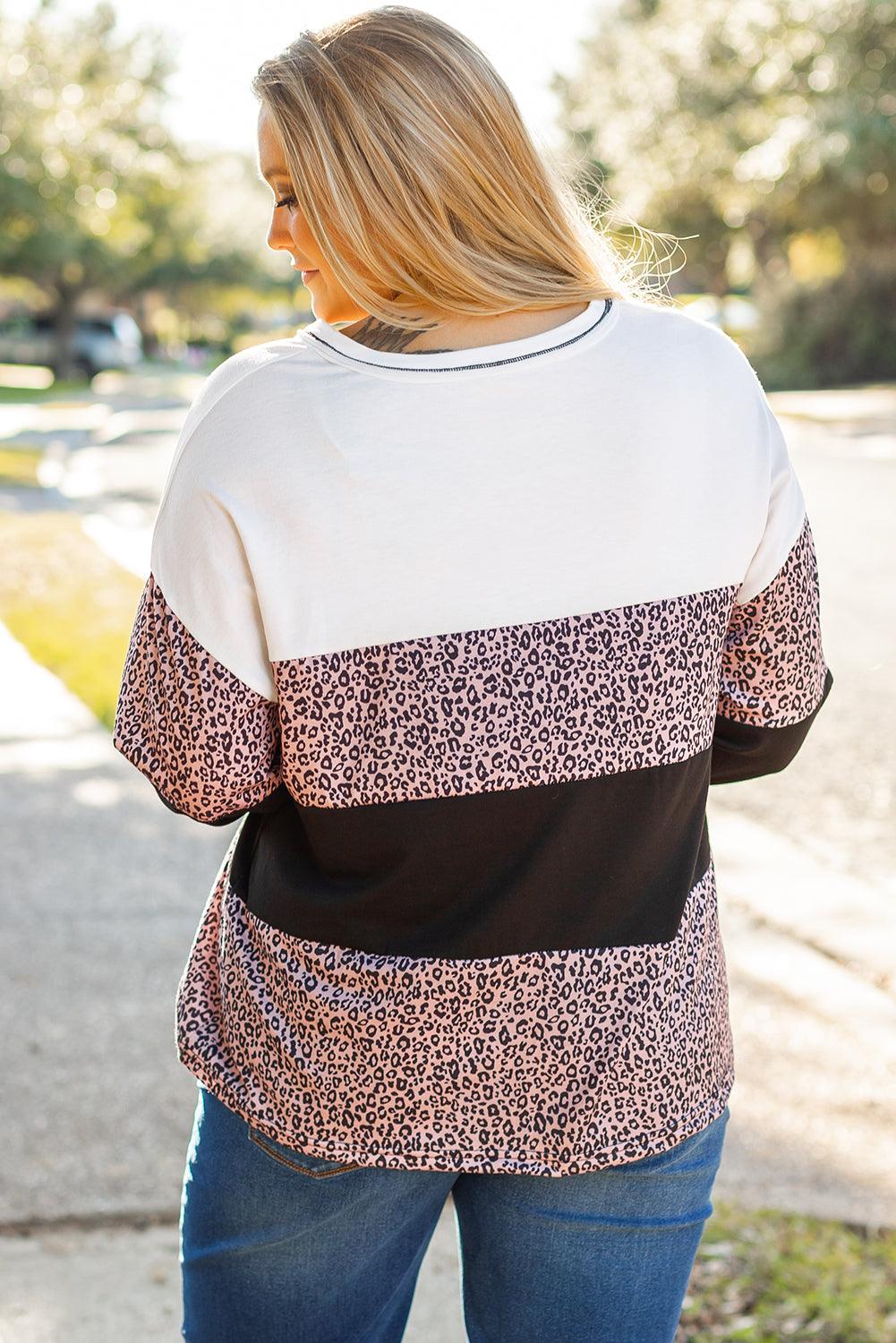 Black Leopard Print Colorblock V Neck Long Sleeve Plus Size Top - Toi ‘n’ Moi Ltd