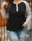 Black Color Contrast Waffle Knit Buttoned Plus Size Top - Toi ‘n’ Moi Ltd