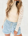 Beige Floral Lace Patchwork Long Sleeve High Neck Slim Top - Toi ‘n’ Moi Ltd