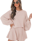 Jet Stream Corded Lantern Sleeve Top High Waist Ruffled Mini Skirt Set
