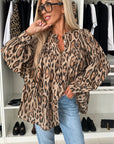 Light French Beige Oversized Leopard Print Balloon Sleeve Casual Shirt