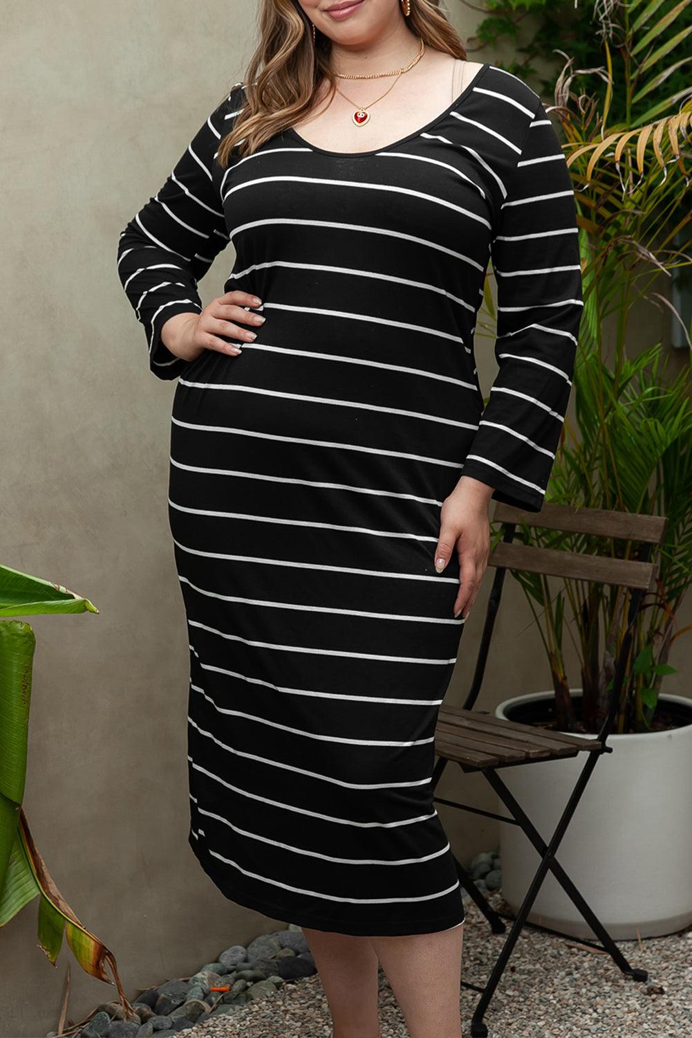 Black Plus Size Striped Loose Long Shift Dress - Toi ‘n’ Moi Ltd