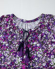 Purple Boho Flower Split V Neck Bubble Sleeve Blouse