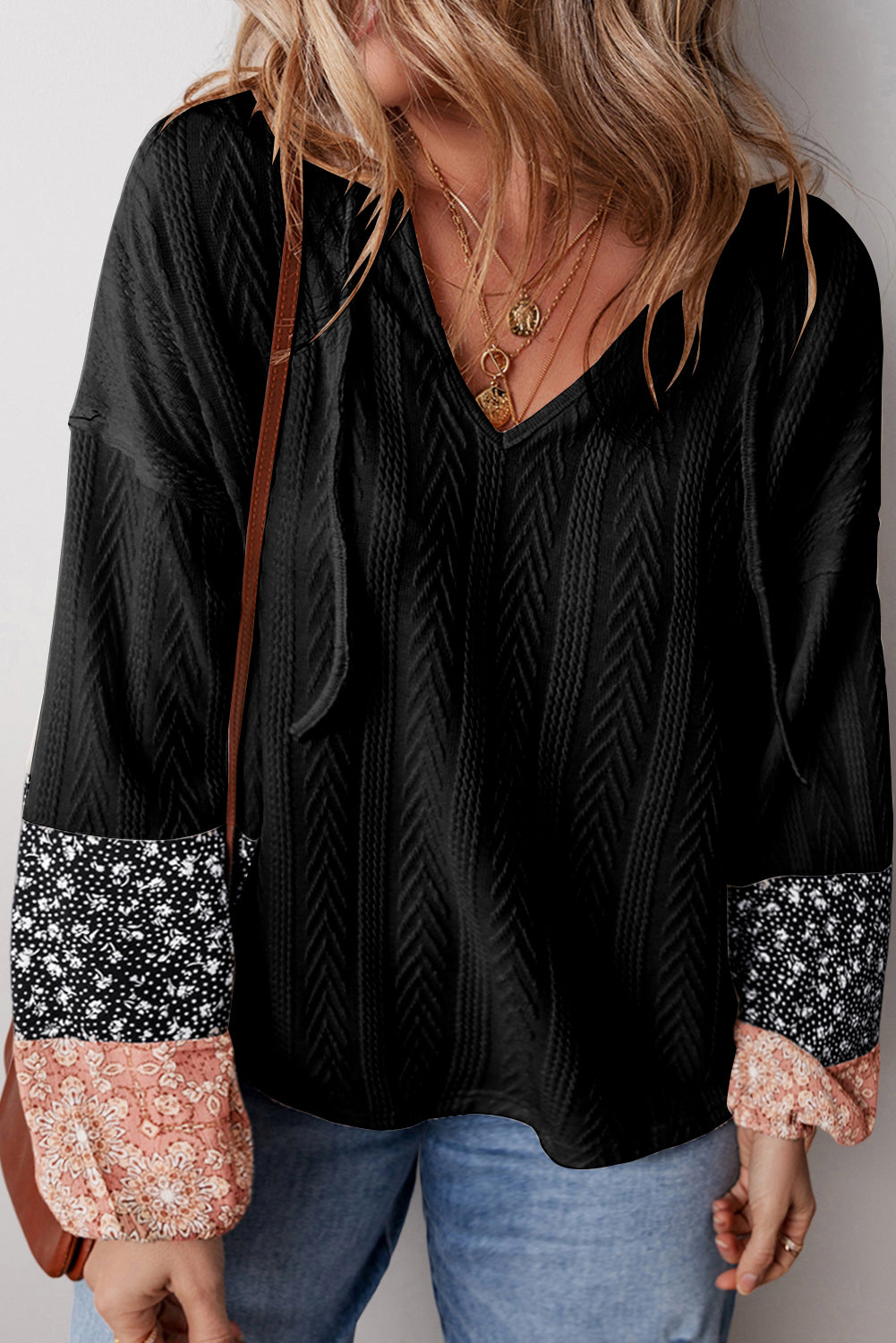 Black Floral Patchwork Textured Knit Drawstring V Neck Blouse - Toi ‘n’ Moi Ltd