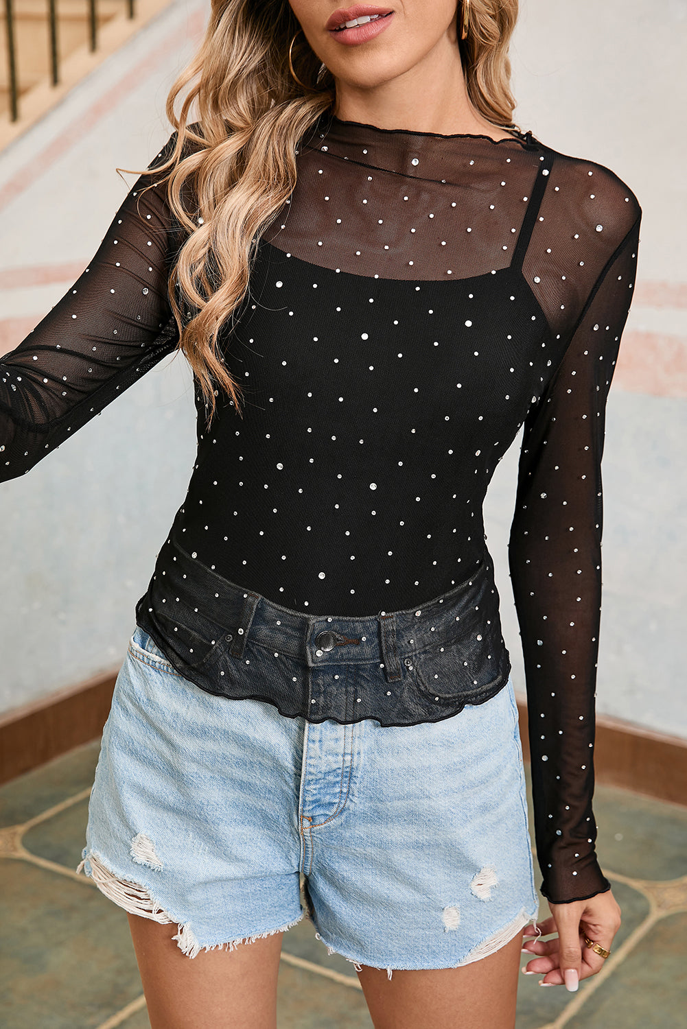 Black Rhinestone Mesh Mock Neck Top - Toi ‘n’ Moi Ltd