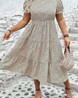 Beige Plus Size Leopard Print Frill Trim Short Sleeve Flared Dress - Toi ‘n’ Moi Ltd