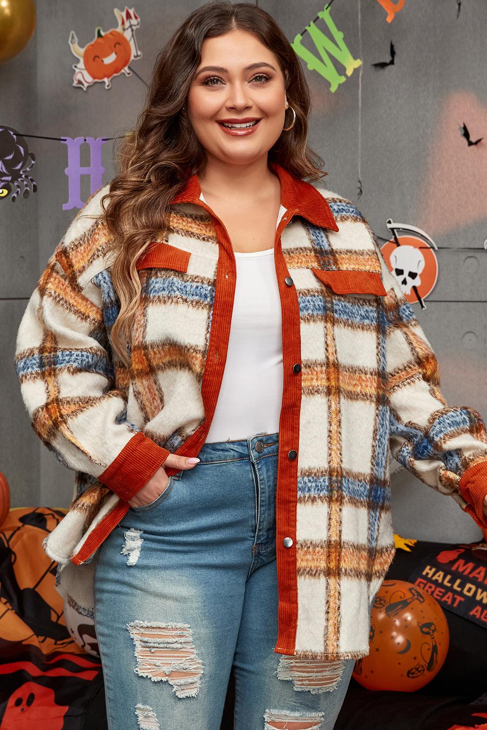 Brown Stripe Plus Size Plaid Print Collared Buttoned Jacket - Toi ‘n’ Moi Ltd